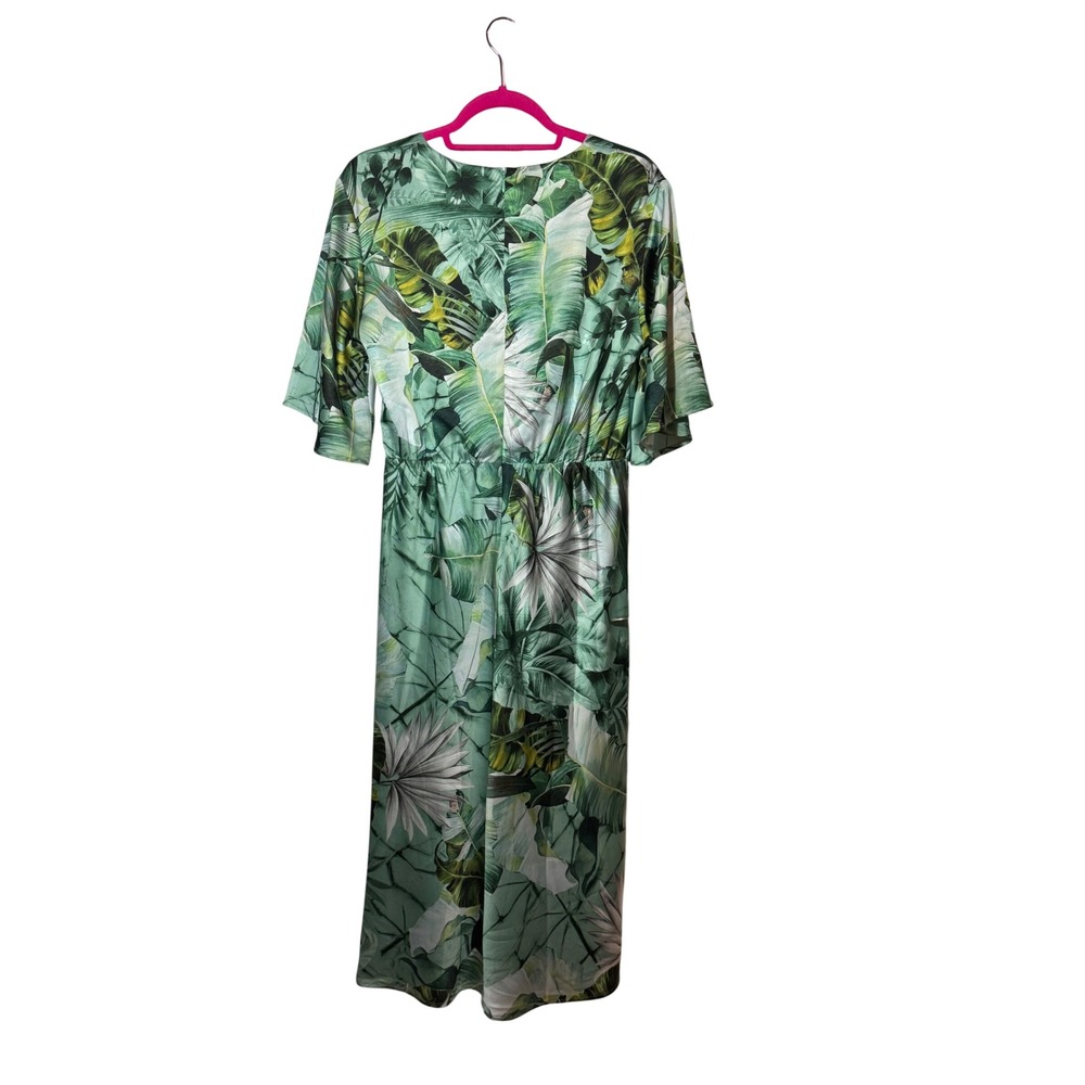 NWOT Guess‎ Tropical Leaf Print Tie Front Midi Dress Green V-Neck Flutter Sleeve - Picture 4 of 11